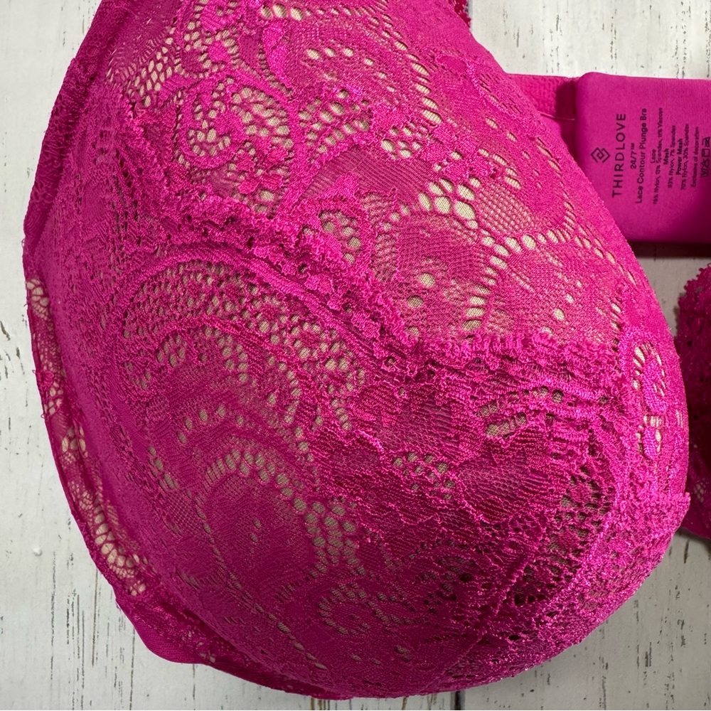 ThirdLove Lace Contour Plunge Bra Pink Over Beige Lace Coquette Underwire Padded - Picture 8 of 13